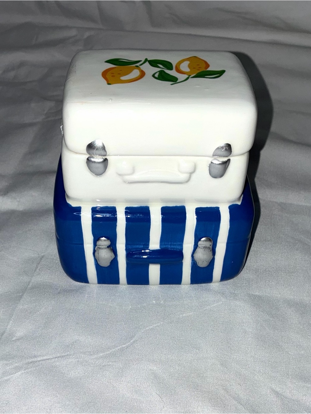 Ceramic Lemon Top Blue Striped Decorative Box